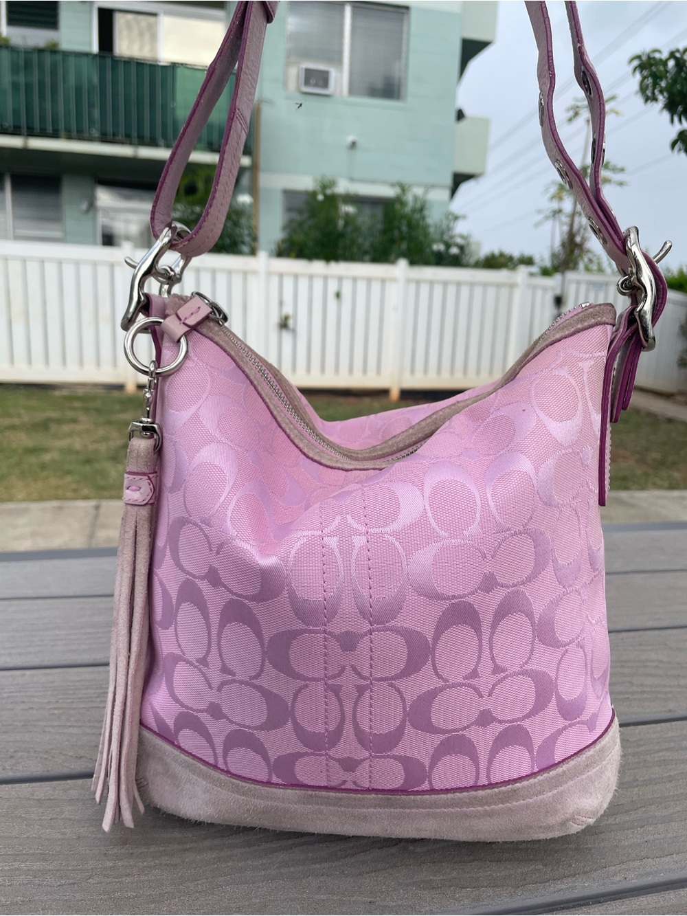 Coach Y2K Pink Signature Canvas Shoulder Bag with Tassel